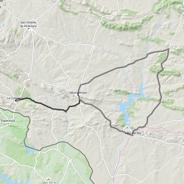 Miniatua del mapa de inspiración ciclista "Ruta en carretera desde La Codosera" en Extremadura, Spain. Generado por Tarmacs.app planificador de rutas ciclistas