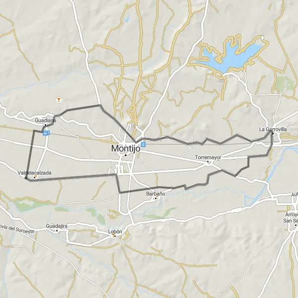 Miniatuurkaart van de fietsinspiratie "Route van La Garrovilla naar Montijo" in Extremadura, Spain. Gemaakt door de Tarmacs.app fietsrouteplanner