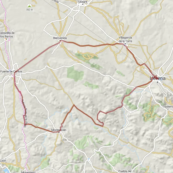 Miniatua del mapa de inspiración ciclista "Ruta en bicicleta de gravel desde Llerena" en Extremadura, Spain. Generado por Tarmacs.app planificador de rutas ciclistas