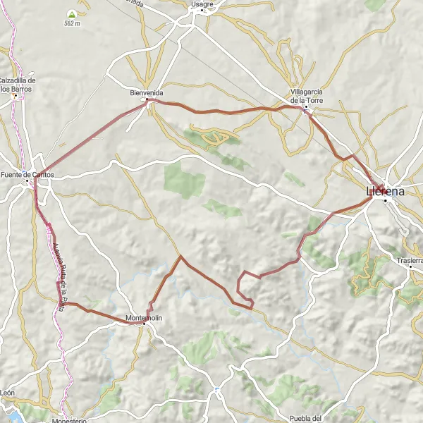 Map miniature of "Gravel Adventure in Llerena" cycling inspiration in Extremadura, Spain. Generated by Tarmacs.app cycling route planner