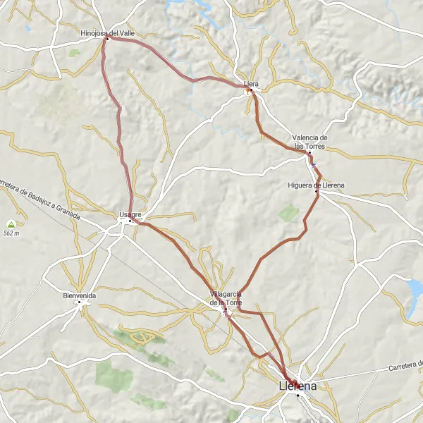 Miniatua del mapa de inspiración ciclista "Ruta de gravel por Usagre y Higuera de Llerena" en Extremadura, Spain. Generado por Tarmacs.app planificador de rutas ciclistas