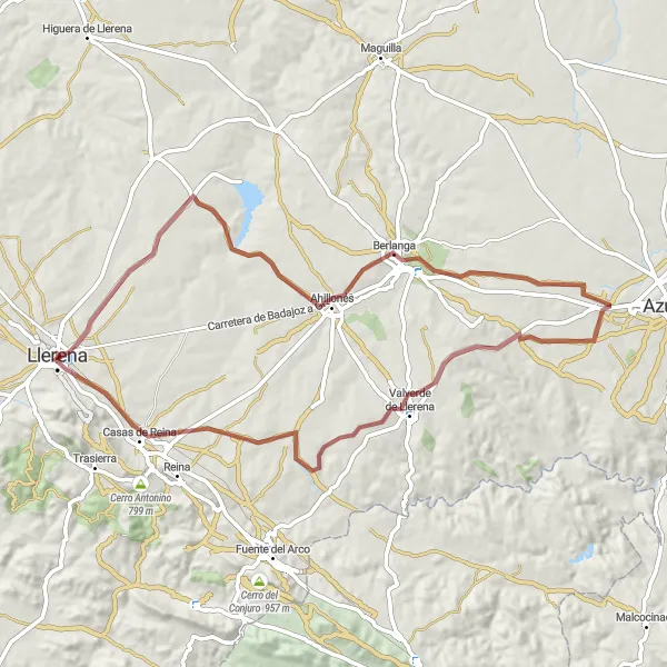 Miniatua del mapa de inspiración ciclista "Ruta de Grava Berlanga-Valverde" en Extremadura, Spain. Generado por Tarmacs.app planificador de rutas ciclistas