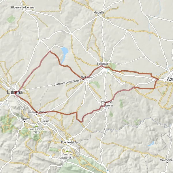 Map miniature of "Llerena - Casas de Reina Gravel Cycling Route" cycling inspiration in Extremadura, Spain. Generated by Tarmacs.app cycling route planner