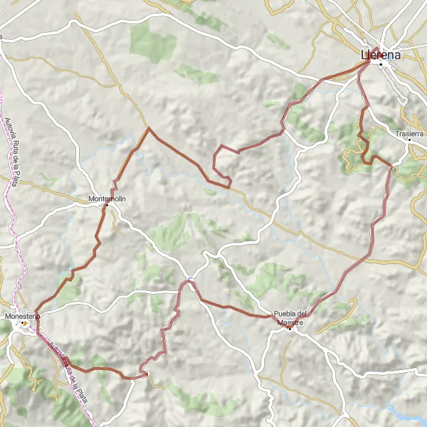 Miniatua del mapa de inspiración ciclista "Ruta de Grava Puebla del Maestre-Monesterio" en Extremadura, Spain. Generado por Tarmacs.app planificador de rutas ciclistas