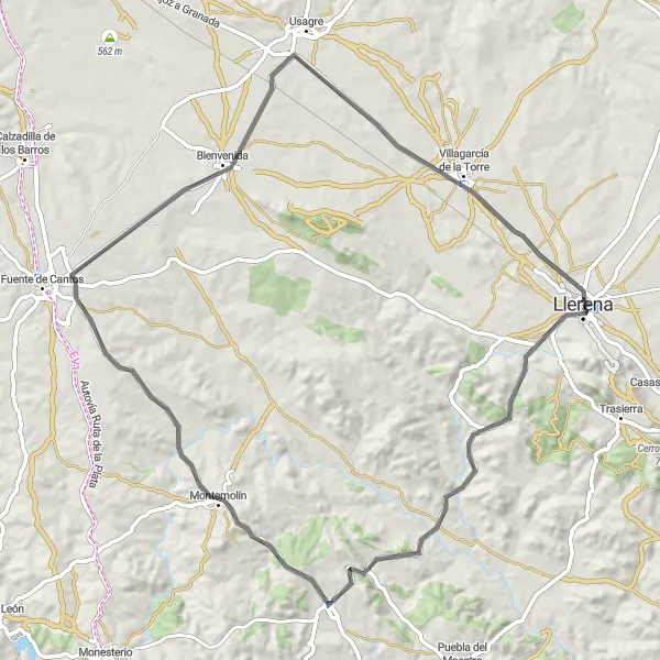 Miniatura mapy "Przejażdżka przez Montemolín i Bienvenida" - trasy rowerowej w Extremadura, Spain. Wygenerowane przez planer tras rowerowych Tarmacs.app