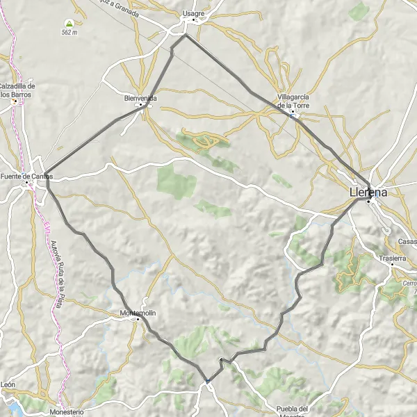 Map miniature of "Llerena - Villagarcía de la Torre Road Cycling Route" cycling inspiration in Extremadura, Spain. Generated by Tarmacs.app cycling route planner