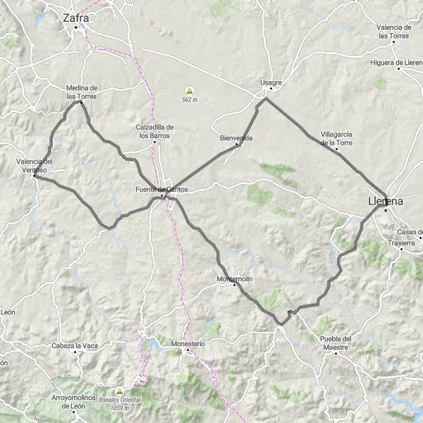 Miniatura mapy "Pełna adrenaliny pętla przez Montemolín i Fuente de Cantos" - trasy rowerowej w Extremadura, Spain. Wygenerowane przez planer tras rowerowych Tarmacs.app