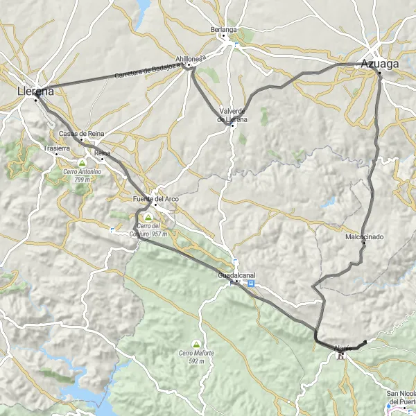 Miniatua del mapa de inspiración ciclista "Ruta en bicicleta desde Llerena" en Extremadura, Spain. Generado por Tarmacs.app planificador de rutas ciclistas