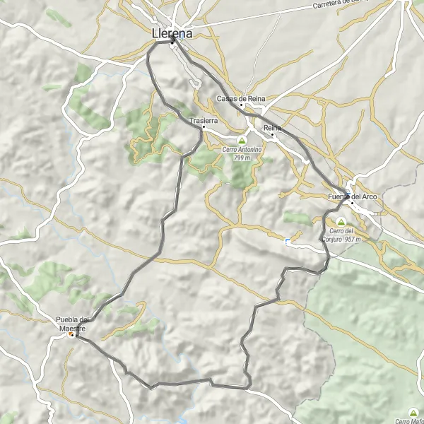 Miniatua del mapa de inspiración ciclista "Ruta en bicicleta de carretera por Puebla del Maestre" en Extremadura, Spain. Generado por Tarmacs.app planificador de rutas ciclistas