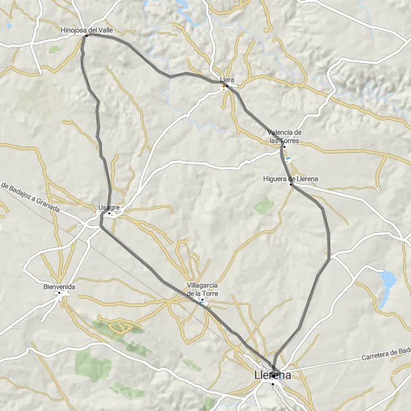 Miniatua del mapa de inspiración ciclista "Ruta en bicicleta de carretera desde Llerena" en Extremadura, Spain. Generado por Tarmacs.app planificador de rutas ciclistas