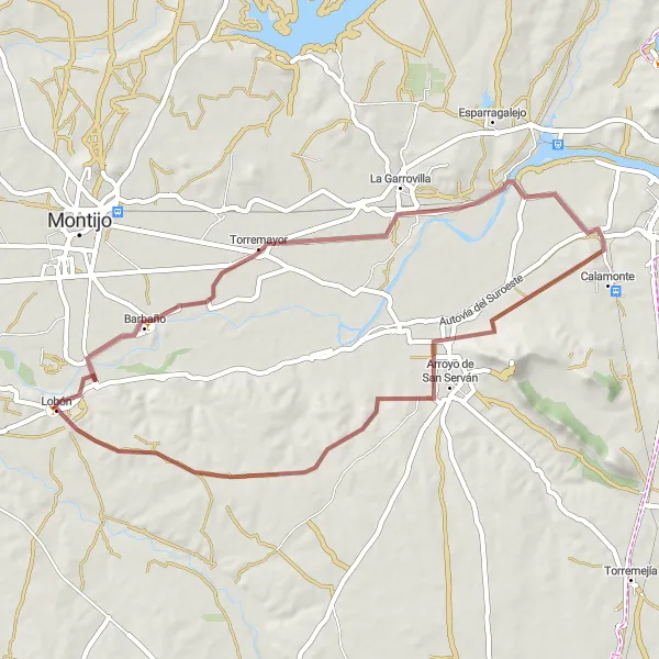 Miniatua del mapa de inspiración ciclista "Ruta Gravel de Lobón a Arroyo de San Sebastián" en Extremadura, Spain. Generado por Tarmacs.app planificador de rutas ciclistas