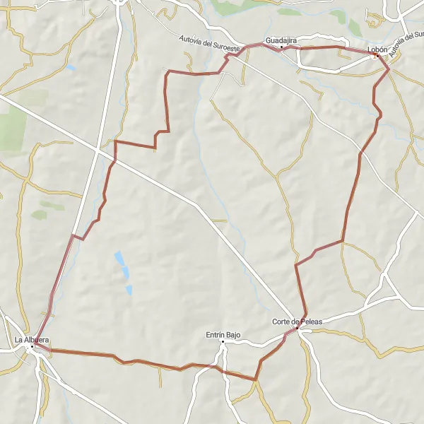 Miniatua del mapa de inspiración ciclista "Ruta de gravilla cerca de Lobón" en Extremadura, Spain. Generado por Tarmacs.app planificador de rutas ciclistas