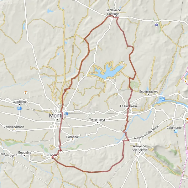 Miniatua del mapa de inspiración ciclista "Ruta Gravel de Lobón a La Nava de Santiago" en Extremadura, Spain. Generado por Tarmacs.app planificador de rutas ciclistas