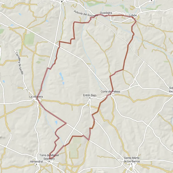 Miniatua del mapa de inspiración ciclista "Ruta de gravilla desafiante cerca de Lobón" en Extremadura, Spain. Generado por Tarmacs.app planificador de rutas ciclistas