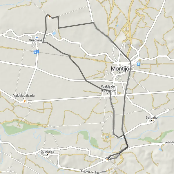 Miniatua del mapa de inspiración ciclista "Ruta en Carretera desde Lobón a Puebla de la Calzada" en Extremadura, Spain. Generado por Tarmacs.app planificador de rutas ciclistas