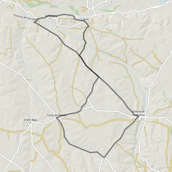 Miniatua del mapa de inspiración ciclista "Ruta en Carretera desde Lobón a Guadajira" en Extremadura, Spain. Generado por Tarmacs.app planificador de rutas ciclistas