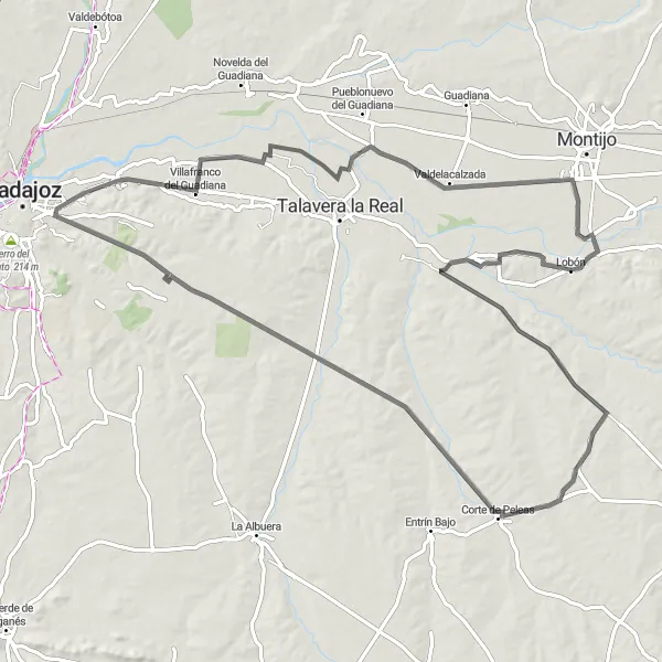 Miniatua del mapa de inspiración ciclista "Ruta en Carretera desde Lobón a Valdelacalzada" en Extremadura, Spain. Generado por Tarmacs.app planificador de rutas ciclistas