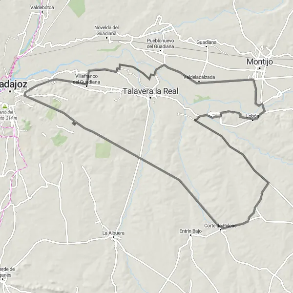 Map miniature of "Cycling Challenge to Valdelacalzada" cycling inspiration in Extremadura, Spain. Generated by Tarmacs.app cycling route planner