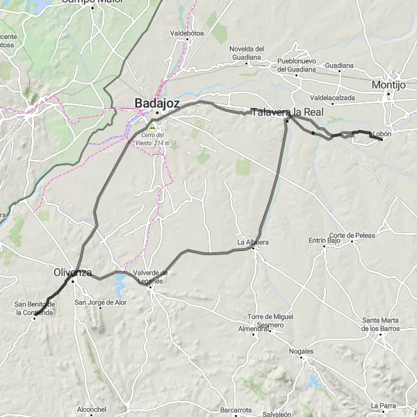 Miniatua del mapa de inspiración ciclista "Desafío ciclista de 137 km cerca de Lobón" en Extremadura, Spain. Generado por Tarmacs.app planificador de rutas ciclistas