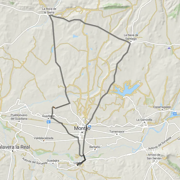 Miniatua del mapa de inspiración ciclista "Ruta por carretera cerca de Lobón" en Extremadura, Spain. Generado por Tarmacs.app planificador de rutas ciclistas