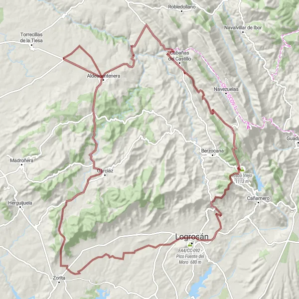 Miniatua del mapa de inspiración ciclista "Desafío de Grava por la Sierra Extremeña" en Extremadura, Spain. Generado por Tarmacs.app planificador de rutas ciclistas
