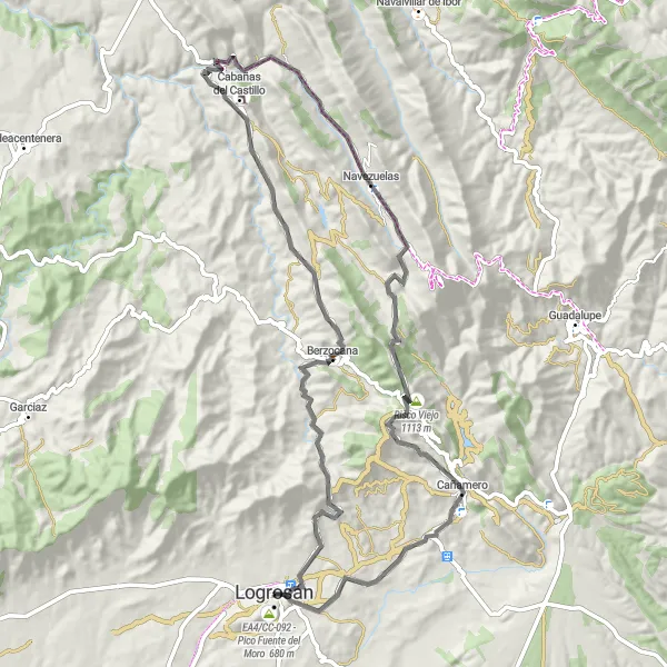 Miniatua del mapa de inspiración ciclista "Tour en Carretera por Pueblos de Extremadura" en Extremadura, Spain. Generado por Tarmacs.app planificador de rutas ciclistas