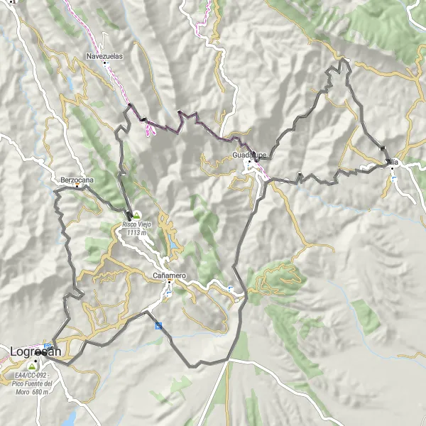 Miniatua del mapa de inspiración ciclista "Ruta de Carretera a Guadalupe y Alía" en Extremadura, Spain. Generado por Tarmacs.app planificador de rutas ciclistas