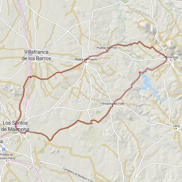 Miniatua del mapa de inspiración ciclista "Ruta en bicicleta por Los Santos de Maimona" en Extremadura, Spain. Generado por Tarmacs.app planificador de rutas ciclistas