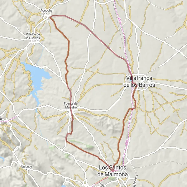 Miniatuurkaart van de fietsinspiratie "Gravelroute naar Villafranca de los Barros" in Extremadura, Spain. Gemaakt door de Tarmacs.app fietsrouteplanner