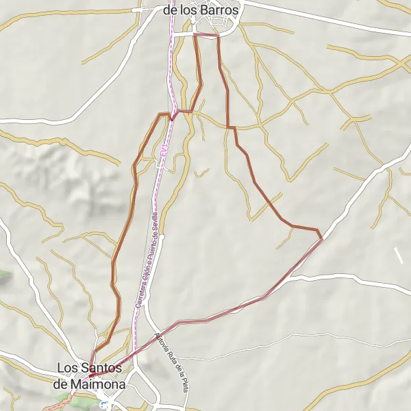 Miniatua del mapa de inspiración ciclista "Ruta de Grava de Los Santos de Maimona" en Extremadura, Spain. Generado por Tarmacs.app planificador de rutas ciclistas