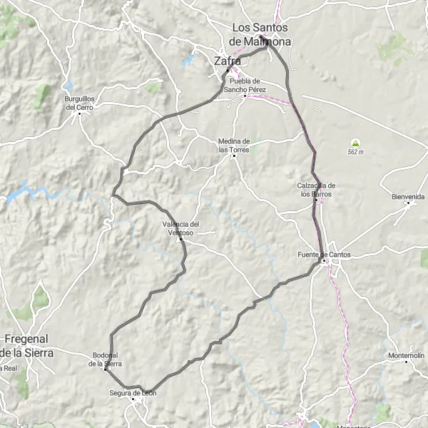 Miniatuurkaart van de fietsinspiratie "Los Santos de Maimona - Road 108km" in Extremadura, Spain. Gemaakt door de Tarmacs.app fietsrouteplanner