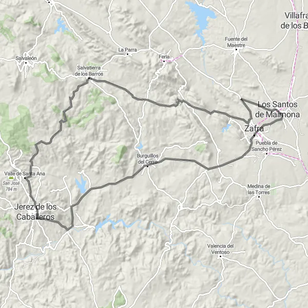 Miniatua del mapa de inspiración ciclista "Ruta en Carretera de Los Santos de Maimona" en Extremadura, Spain. Generado por Tarmacs.app planificador de rutas ciclistas