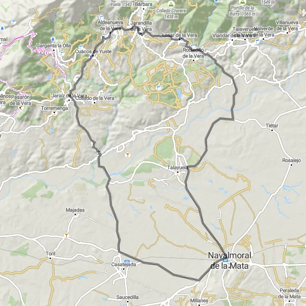 Miniatua del mapa de inspiración ciclista "Ruta por carretera desde Losar de la Vera hasta Robledillo de la Vera" en Extremadura, Spain. Generado por Tarmacs.app planificador de rutas ciclistas