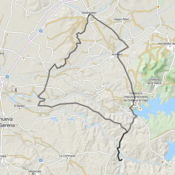 Miniatua del mapa de inspiración ciclista "Ruta de las Aves y la Naturaleza" en Extremadura, Spain. Generado por Tarmacs.app planificador de rutas ciclistas