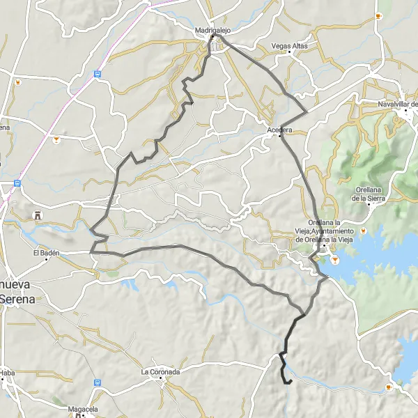 Map miniature of "Acedera and Orellana la Vieja Loop" cycling inspiration in Extremadura, Spain. Generated by Tarmacs.app cycling route planner