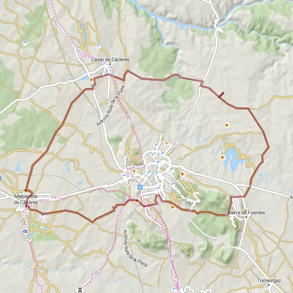 Miniatua del mapa de inspiración ciclista "Ruta a Casar de Cáceres y Charca Musia" en Extremadura, Spain. Generado por Tarmacs.app planificador de rutas ciclistas