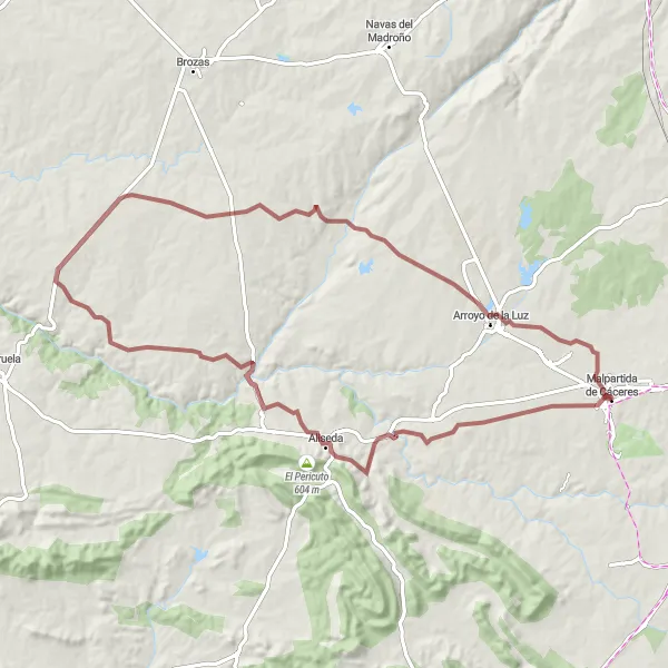 Miniatua del mapa de inspiración ciclista "Ruta de Grava desde Malpartida de Cáceres hasta Arroyo de la Luz" en Extremadura, Spain. Generado por Tarmacs.app planificador de rutas ciclistas