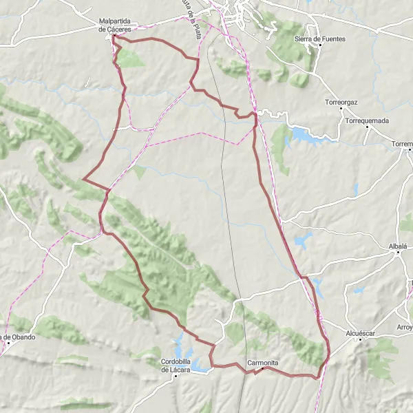 Miniatua del mapa de inspiración ciclista "Ruta de Grava desde Malpartida de Cáceres a Nido de Cigüeñuela" en Extremadura, Spain. Generado por Tarmacs.app planificador de rutas ciclistas
