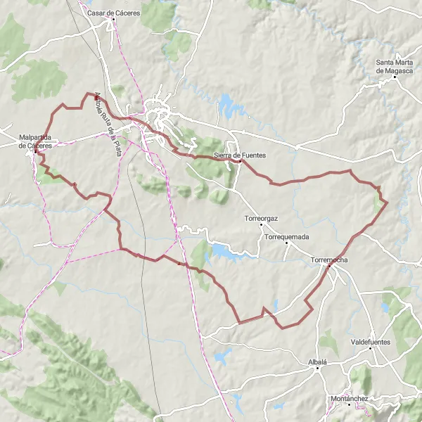Miniatua del mapa de inspiración ciclista "Ruta de Grava a través de Sierra de Fuentes y Torremocha" en Extremadura, Spain. Generado por Tarmacs.app planificador de rutas ciclistas