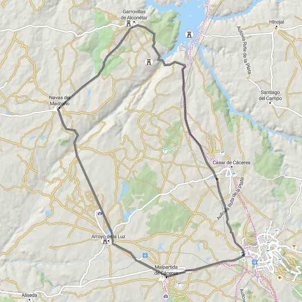 Miniatura mapy "Trasa rowerowa Malpartida Necrópolis Navas del Madroño Garrovillas de Alconétar" - trasy rowerowej w Extremadura, Spain. Wygenerowane przez planer tras rowerowych Tarmacs.app