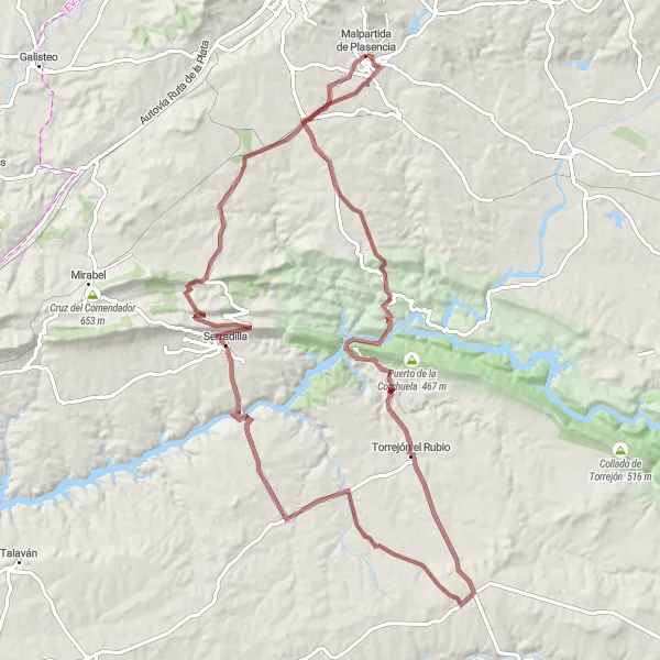 Miniatura mapy "Wycieczka rowerowa w okolicach Malpartida de Plasencia" - trasy rowerowej w Extremadura, Spain. Wygenerowane przez planer tras rowerowych Tarmacs.app