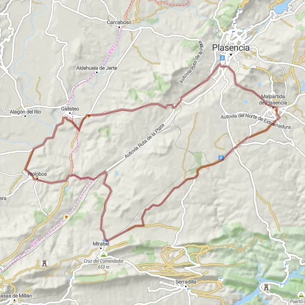 Miniatua del mapa de inspiración ciclista "Ruta Gravel de Mirabel y Galisteo" en Extremadura, Spain. Generado por Tarmacs.app planificador de rutas ciclistas