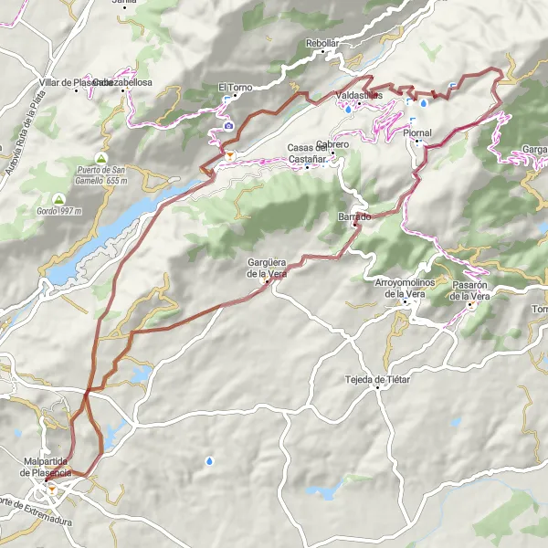 Map miniature of "Mountain Challenge" cycling inspiration in Extremadura, Spain. Generated by Tarmacs.app cycling route planner