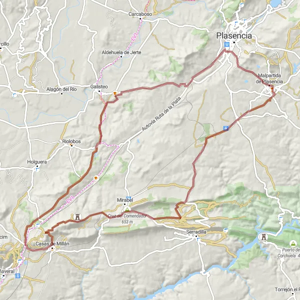 Miniatua del mapa de inspiración ciclista "Ruta de Malpartida a Casas de Millán" en Extremadura, Spain. Generado por Tarmacs.app planificador de rutas ciclistas