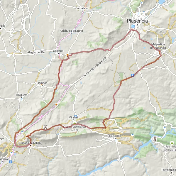 Map miniature of "Castles and Landscapes" cycling inspiration in Extremadura, Spain. Generated by Tarmacs.app cycling route planner