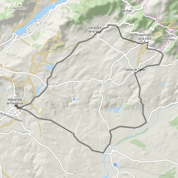 Miniatura mapy "Przejażdżka przez Gargüera de la Vera" - trasy rowerowej w Extremadura, Spain. Wygenerowane przez planer tras rowerowych Tarmacs.app