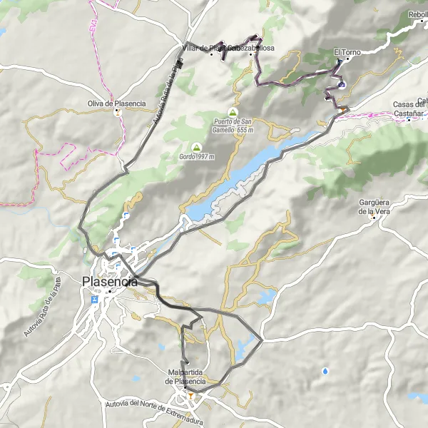 Map miniature of "Scenic Adventure through Malpartida de Plasencia" cycling inspiration in Extremadura, Spain. Generated by Tarmacs.app cycling route planner