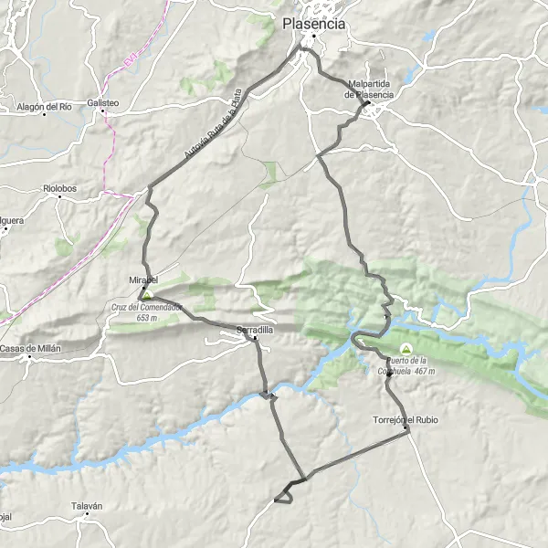 Miniatua del mapa de inspiración ciclista "Ruta de Carretera por el Valle del Tajo" en Extremadura, Spain. Generado por Tarmacs.app planificador de rutas ciclistas