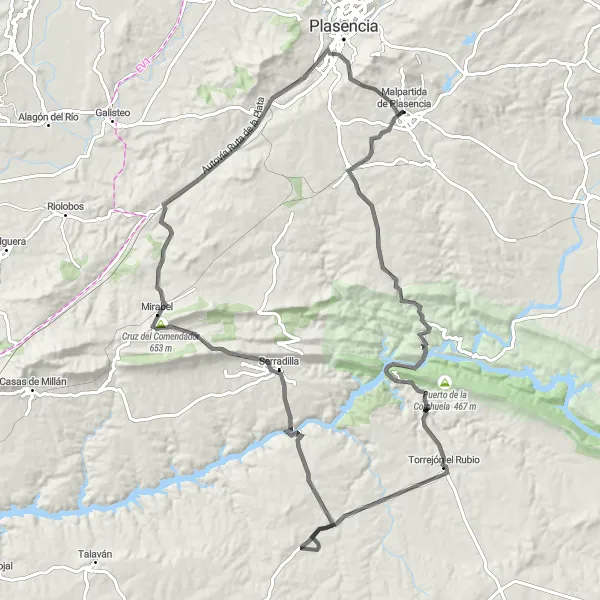 Miniatuurkaart van de fietsinspiratie "Wegroute naar Barco de Monfragüe en Salto del Gitano" in Extremadura, Spain. Gemaakt door de Tarmacs.app fietsrouteplanner