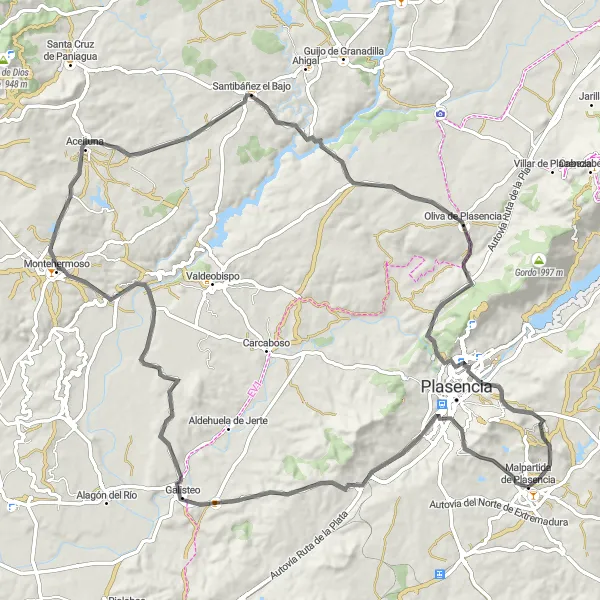 Map miniature of "Discovering the Cultural Route of Malpartida de Plasencia" cycling inspiration in Extremadura, Spain. Generated by Tarmacs.app cycling route planner